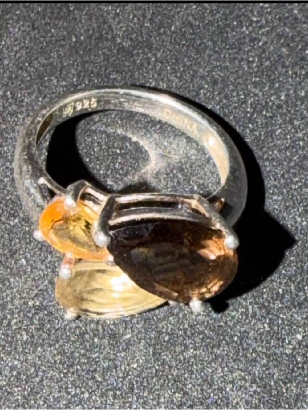 Sterling Silver 925 Triple Pear Cut Citrine, peridot and Smoky Quartz Ring